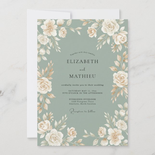 Convite Casamento Pétala Creme Celadon (Frente)