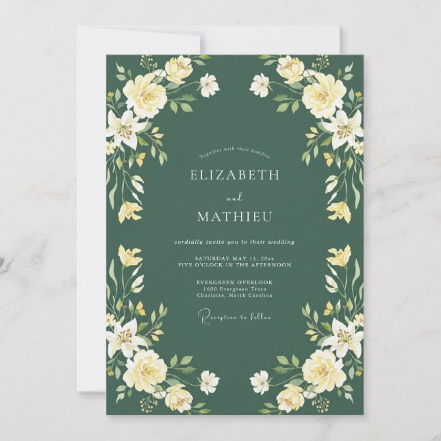 Convite Casamento Pétala Creme Sempre-verde (Frente)