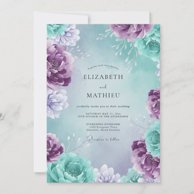 Convite Casamento Pétala de Água-Marinha Pressionada (Frente)