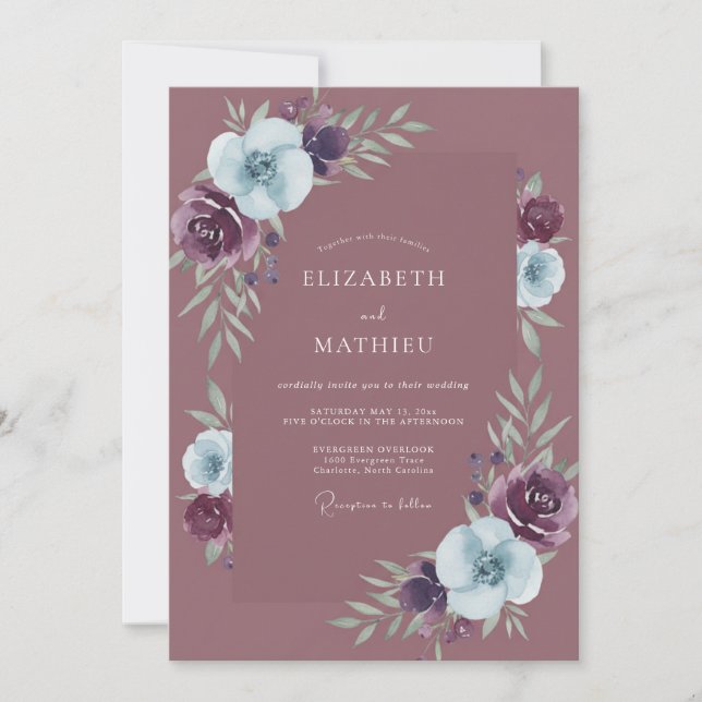 Convite Casamento Pétala de Ameixa Costeira Periwinkle (Frente)