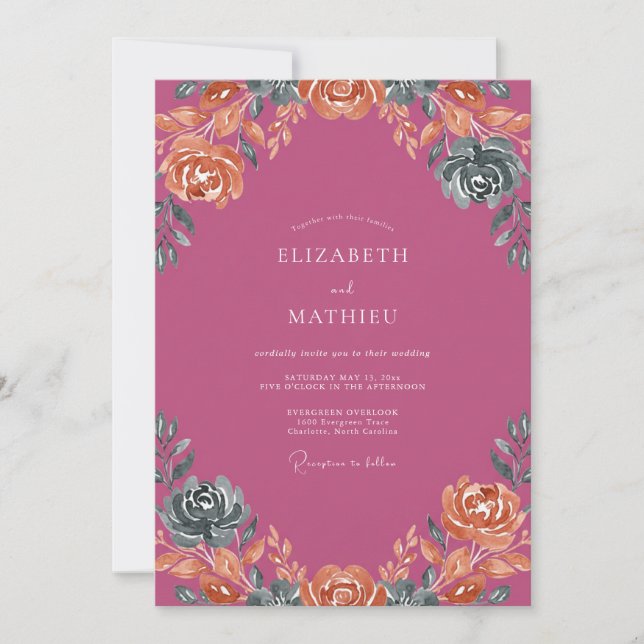 Convite Casamento Pétala de Coral Desbotado Magenta (Frente)