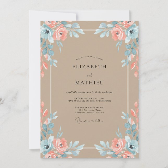 Convite Casamento Pétala de Coral Macio Taupe (Frente)