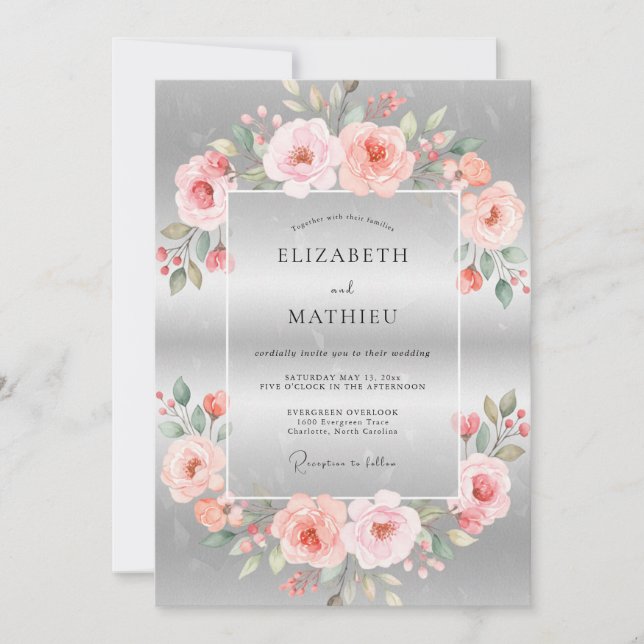 Convite Casamento Pétala de Coral Silver Blush (Frente)