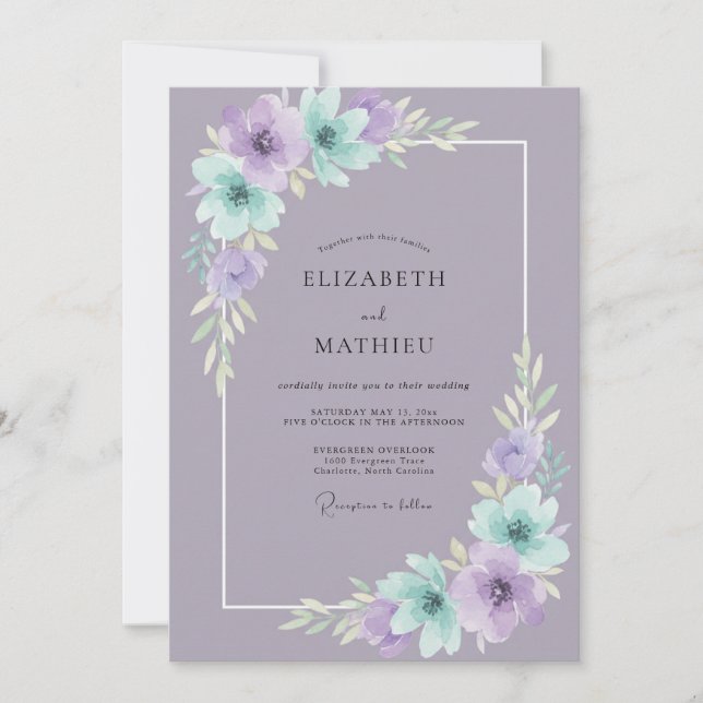 Convite Casamento Pétala de Hortelã Lilás Suave (Frente)