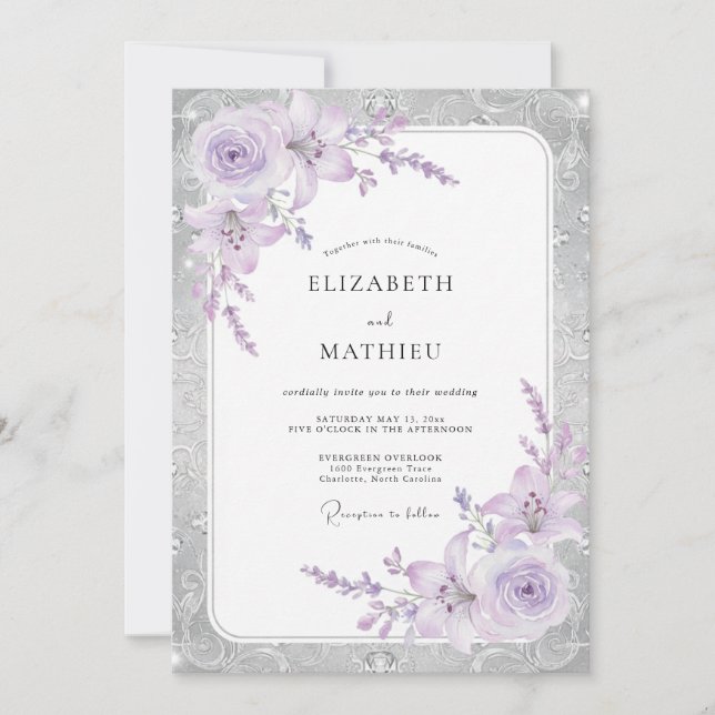 Convite Casamento Pétala de Lilás Prateado (Frente)