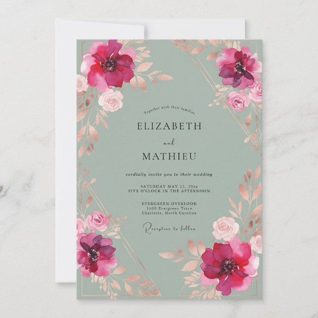 Convite Casamento Pétala de Magenta Seafoam (Frente)
