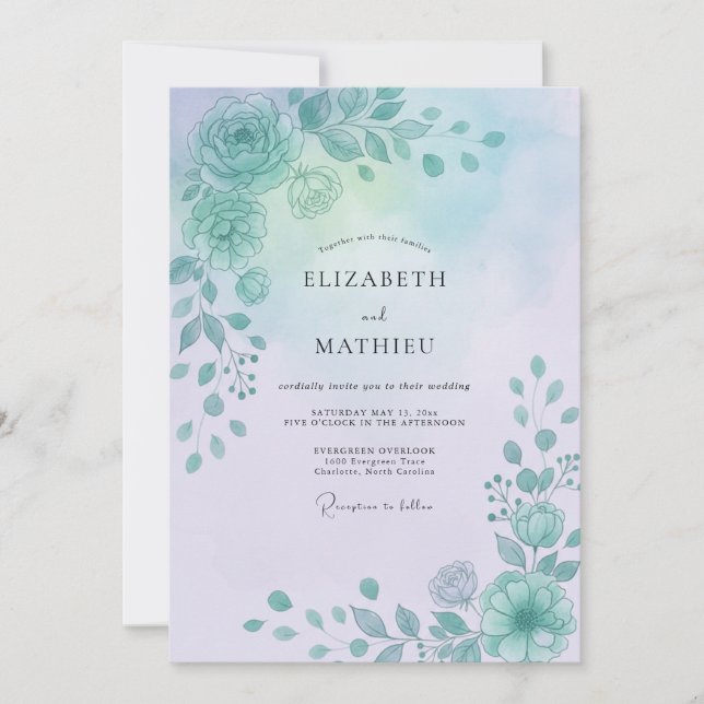 Convite Casamento Pétala de Periwinkle Água (Frente)