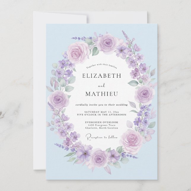 Convite Casamento Pétala de Periwinkle Lavanda Suave (Frente)