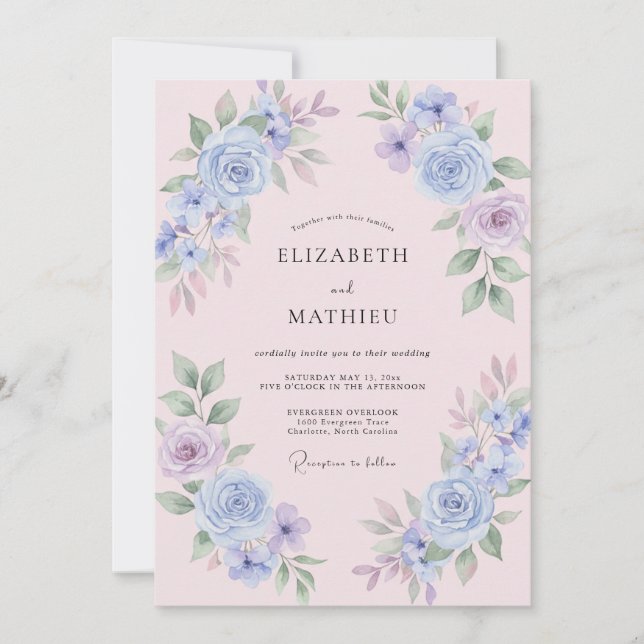 Convite Casamento Pétala de Periwinkle Rosa Pálido (Frente)