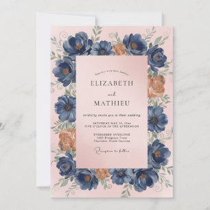 Convite Casamento Pétala de Pêssego Azul Aço