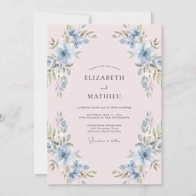 Convite Casamento Pétala de Pêssego Azul-Celeste (Frente)
