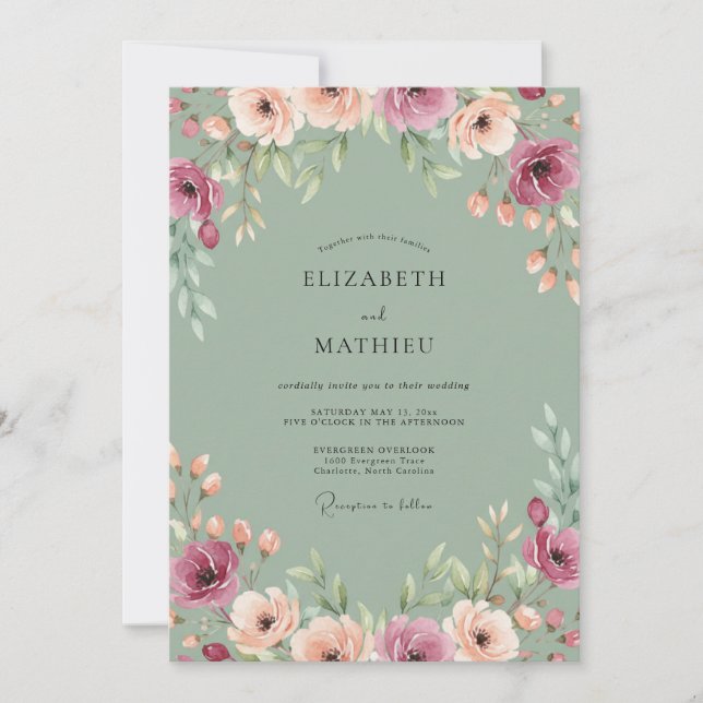 Convite Casamento Pétala de Pêssego Celadon (Frente)