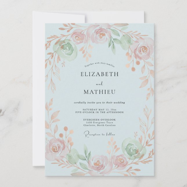 Convite Casamento Pétala de Pêssego Celeste (Frente)