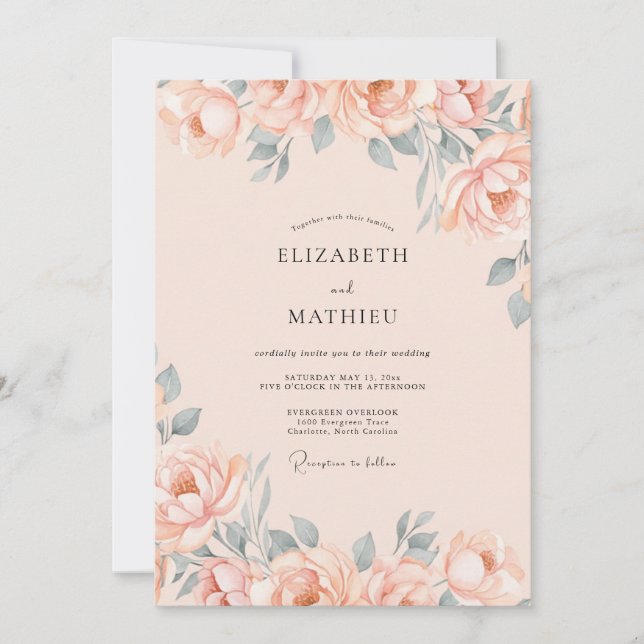 Convite Casamento Pétala de Pêssego Macio Slate (Frente)