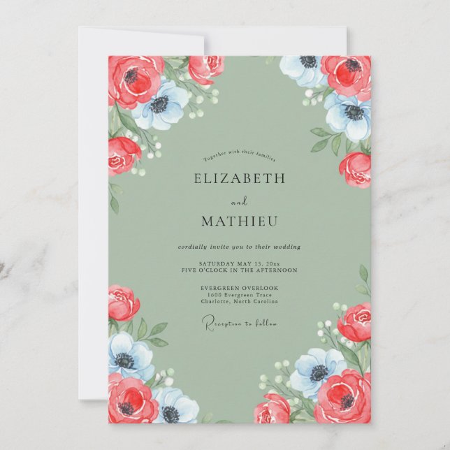 Convite Casamento Pétala de Sálvia Azul Coral (Frente)