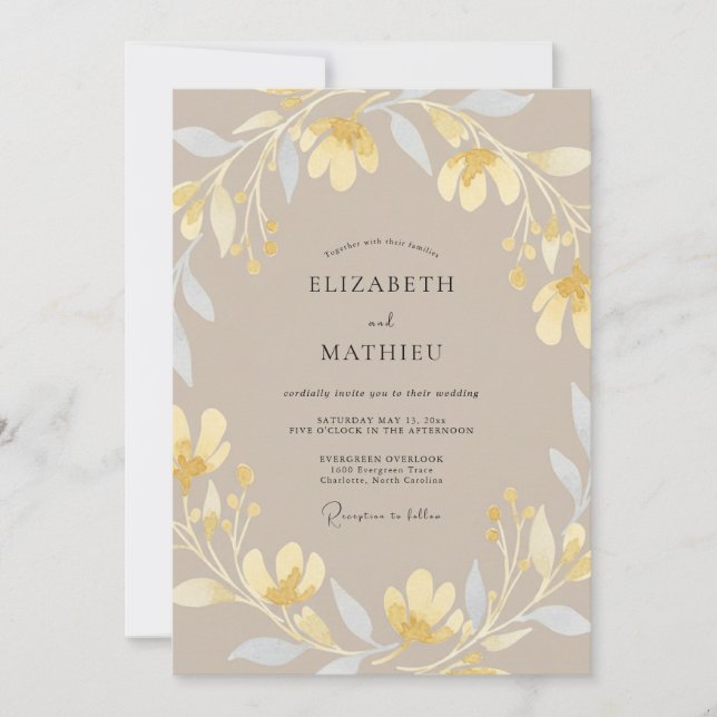 Convite Casamento Pétala Dourada Bege (Frente)
