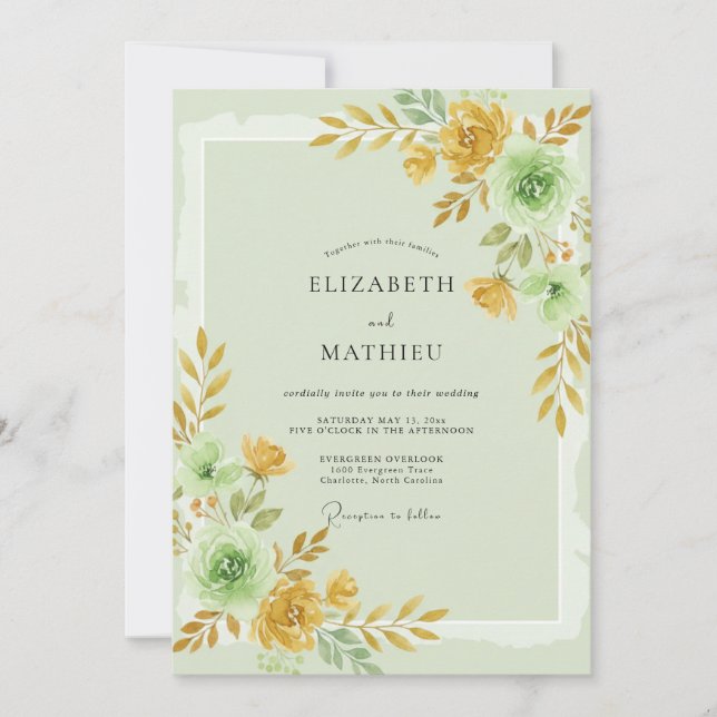 Convite Casamento Pétala Dourada Hortelã (Frente)
