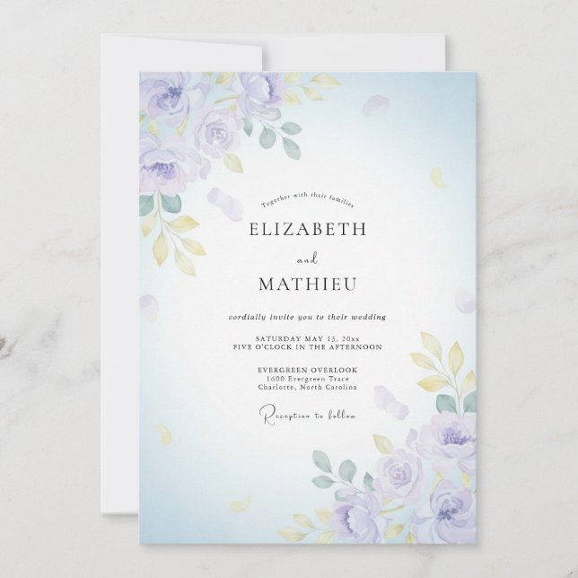 Convite Casamento Pétala Dourada Lilás (Frente)