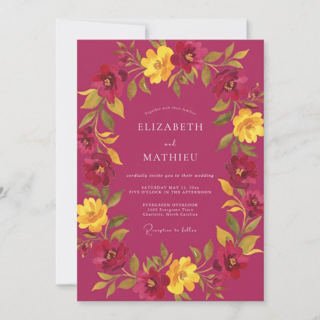 Convite Casamento Pétala Dourada Magenta (Frente)