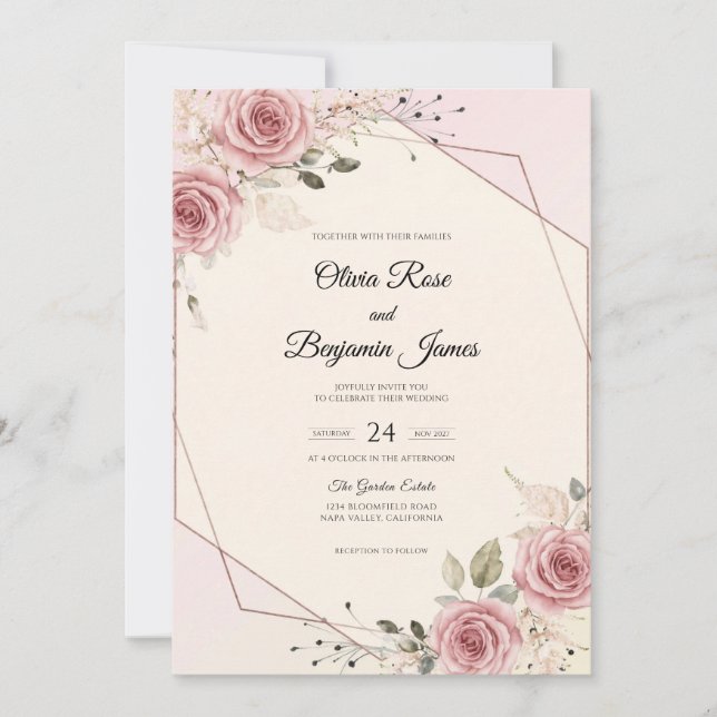 Convite Casamento Pétala Dourada Malva Suave (Frente)