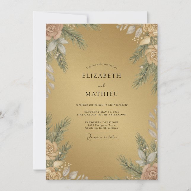 Convite Casamento Pétala Folhagem Dourada (Frente)