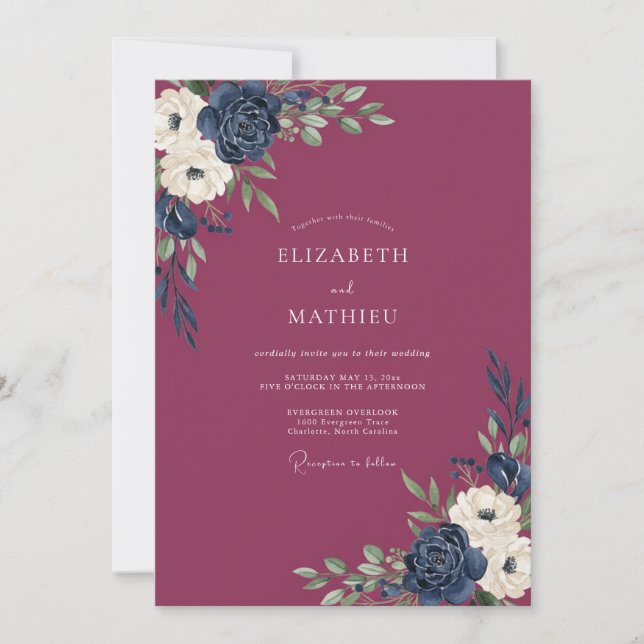 Convite Casamento Pétala Índigo Ameixa do Jardim (Frente)