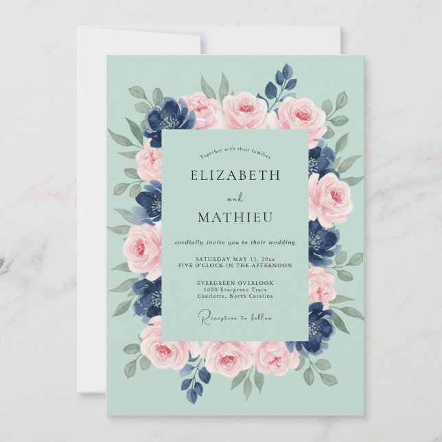 Convite Casamento Pétala Índigo Espuma do Mar (Frente)