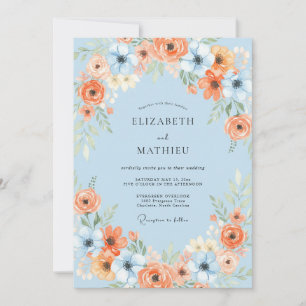 Convite Casamento Pétala Laranja Azul Celeste Flor Silvest