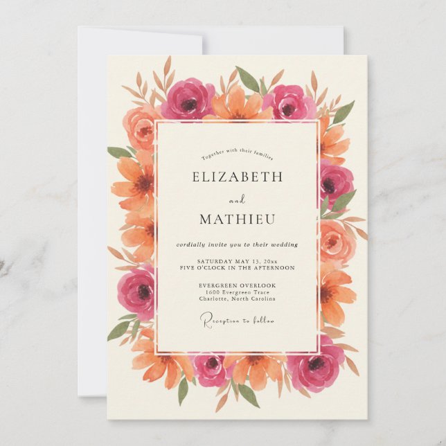 Convite Casamento Pétala Laranja Magenta (Frente)