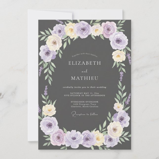 Convite Casamento Pétala Lavanda Carvão (Frente)