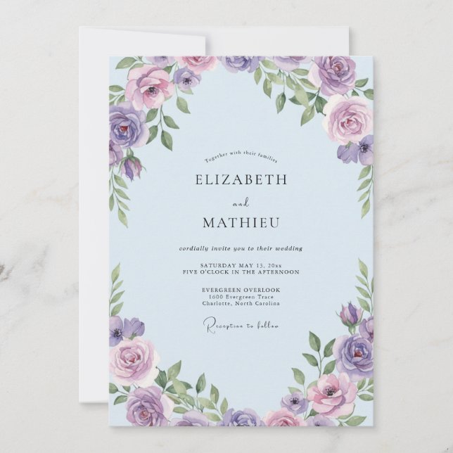 Convite Casamento Pétala Lilás Céu (Frente)