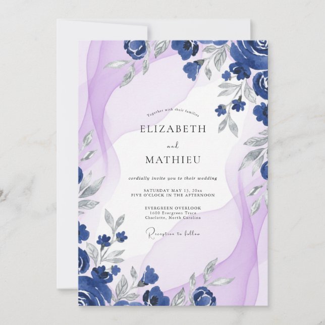 Convite Casamento Pétala Lilás Cobalto (Frente)