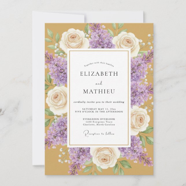 Convite Casamento Pétala Lilás Dourado (Frente)