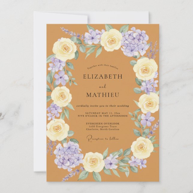 Convite Casamento Pétala Lilás Dourado Quente (Frente)