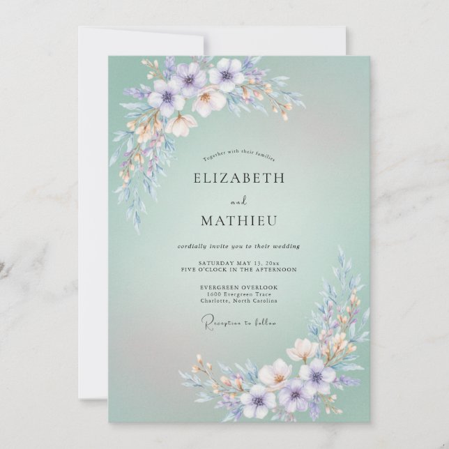Convite Casamento Pétala Lilás Espuma do Mar (Frente)