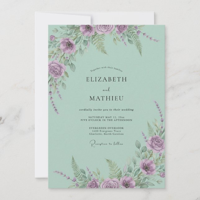 Convite Casamento Pétala Lilás Menta (Frente)