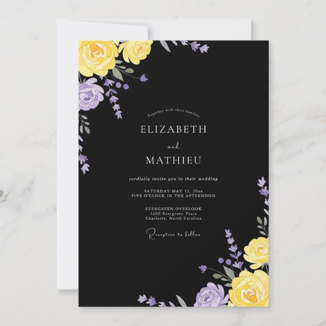 Convite Casamento Pétala Lilás Preto (Frente)