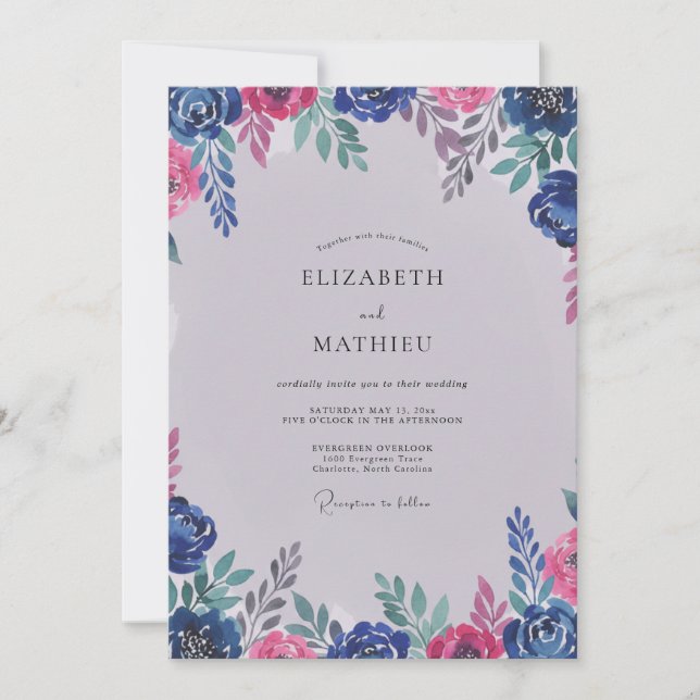Convite Casamento Pétala Magenta Cobalto Moderno (Frente)