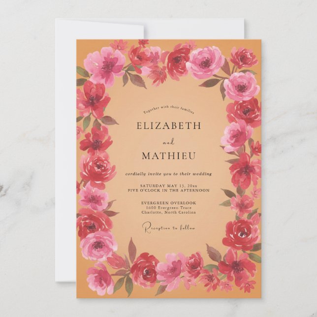Convite Casamento Pétala Magenta Pêssego (Frente)