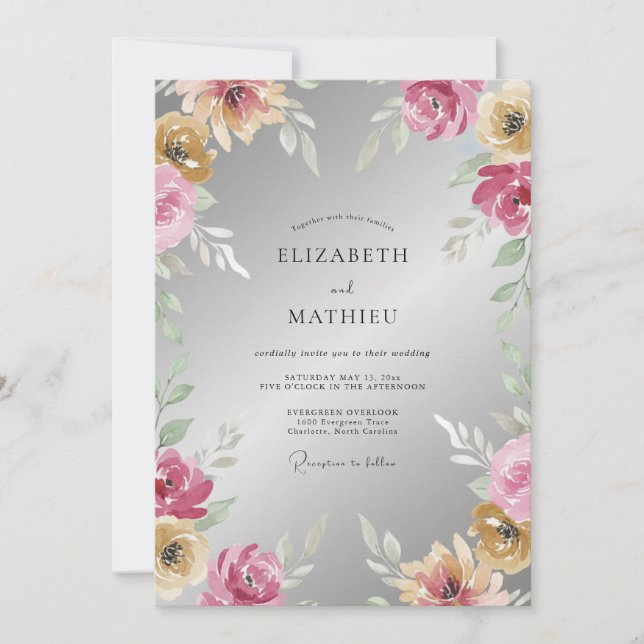 Convite Casamento Pétala Magenta Prata (Frente)
