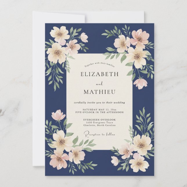 Convite Casamento Pétala Marfim Meia-Noite (Frente)