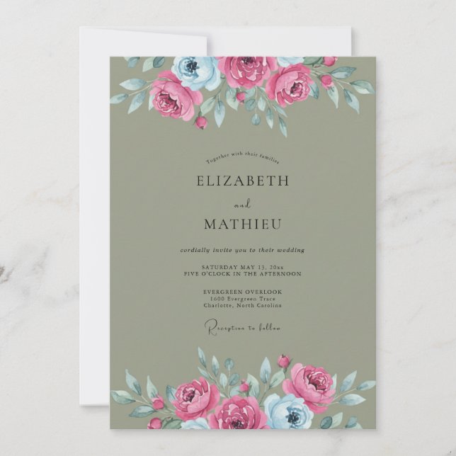Convite Casamento Pétala Oliva Magenta Ciano (Frente)