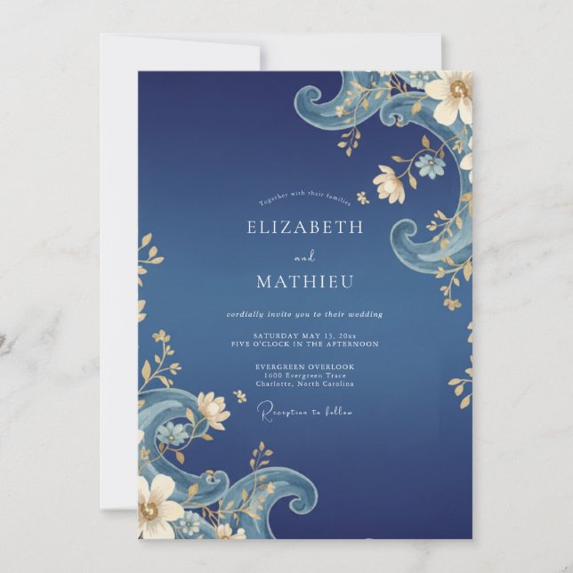 Convite Casamento Pétala Ornamentada Safira (Frente)