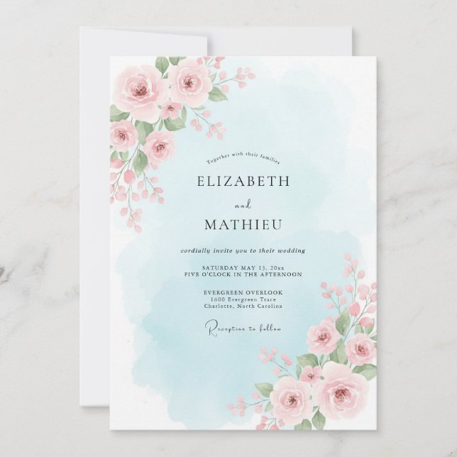 Convite Casamento Pétala Pastel Azul Pó (Frente)