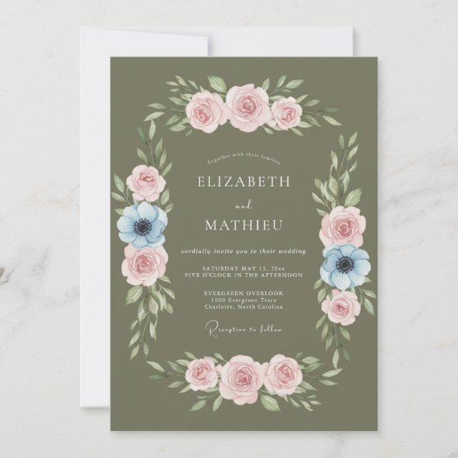 Convite Casamento Pétala Pastel Oliva (Frente)