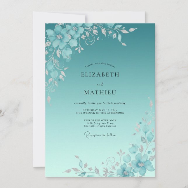 Convite Casamento Pétala Pintada de Azul-Verde (Frente)