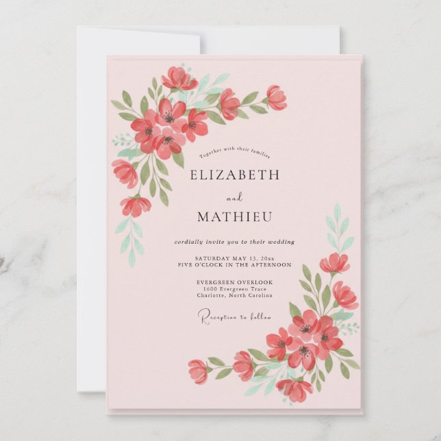 Convite Casamento Pétala Pintada de Coral Rosado (Frente)