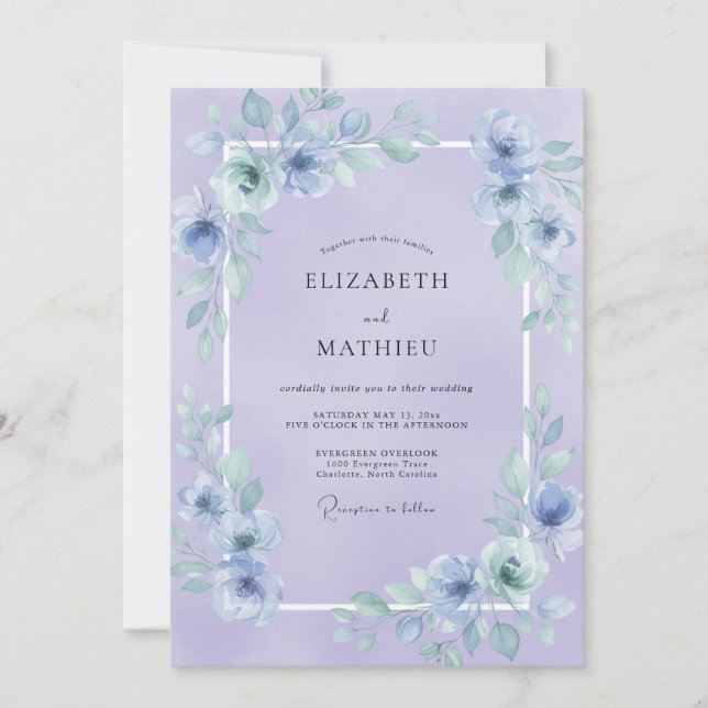 Convite Casamento Pétala Pintada de Periwinkle ao Luar (Frente)