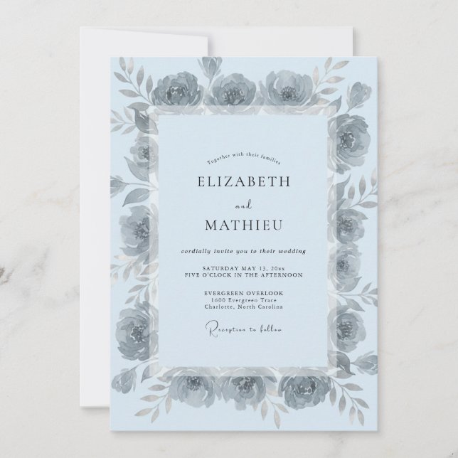 Convite Casamento Pétala Prata Azul Pó (Frente)