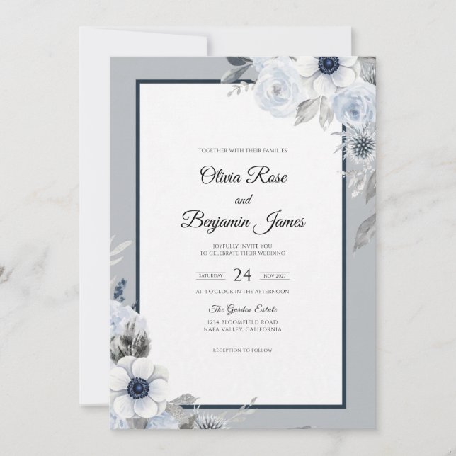 Convite Casamento Pétala Prata Gelo (Frente)